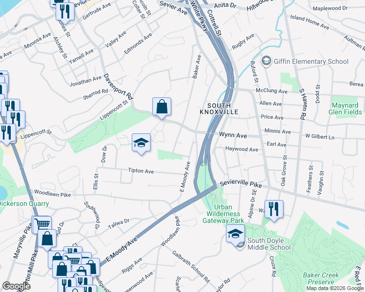 map of restaurants, bars, coffee shops, grocery stores, and more near 906 Baker Avenue in Knoxville