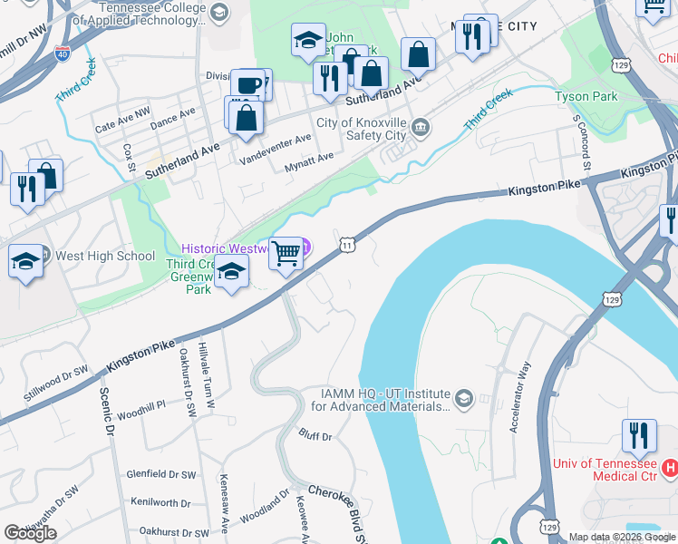 map of restaurants, bars, coffee shops, grocery stores, and more near 413 Boxwood Square in Knoxville