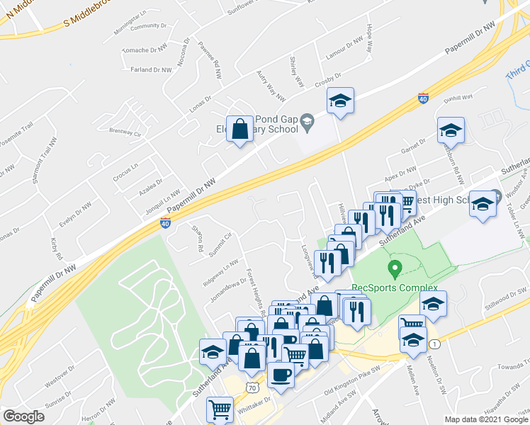 map of restaurants, bars, coffee shops, grocery stores, and more near 4881 Summit Circle in Knoxville