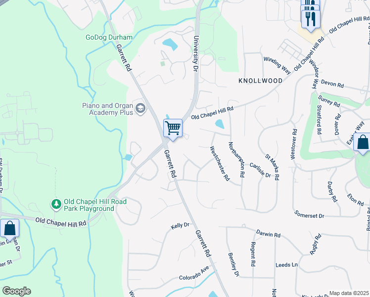 map of restaurants, bars, coffee shops, grocery stores, and more near 22 Acornridge Court in Durham