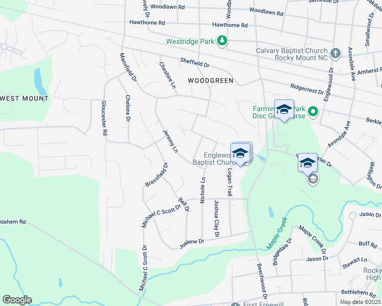 map of restaurants, bars, coffee shops, grocery stores, and more near 612 Chad Street in Rocky Mount