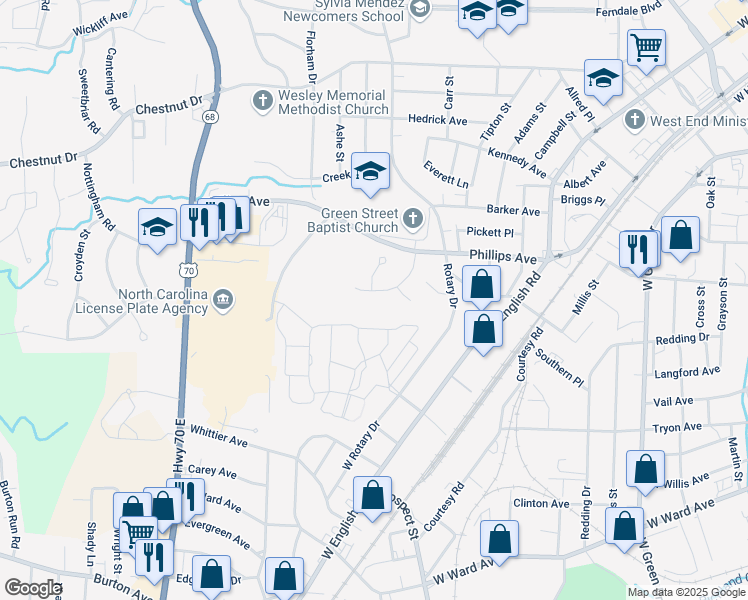 map of restaurants, bars, coffee shops, grocery stores, and more near 617 Williamsburg Terrace in High Point