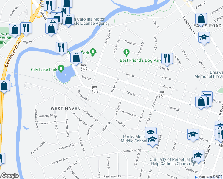 map of restaurants, bars, coffee shops, grocery stores, and more near 1301 Beal Street in Rocky Mount