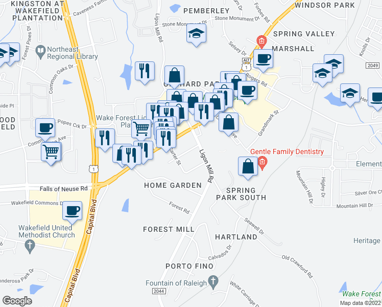 map of restaurants, bars, coffee shops, grocery stores, and more near 1609 Mangum Avenue in Wake Forest