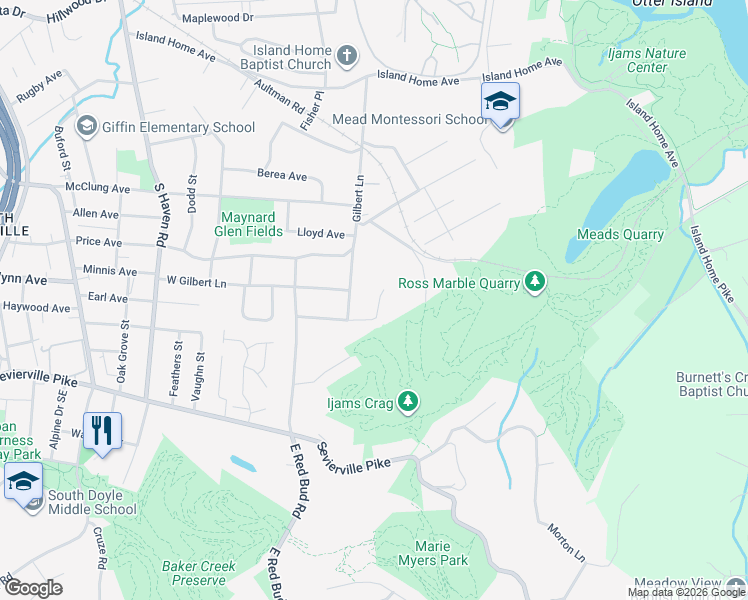 map of restaurants, bars, coffee shops, grocery stores, and more near 2329 Sylvania Avenue Southeast in Knoxville