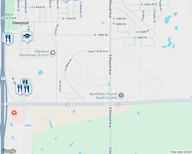 map of restaurants, bars, coffee shops, grocery stores, and more near 423 West 151st Street in Glenpool