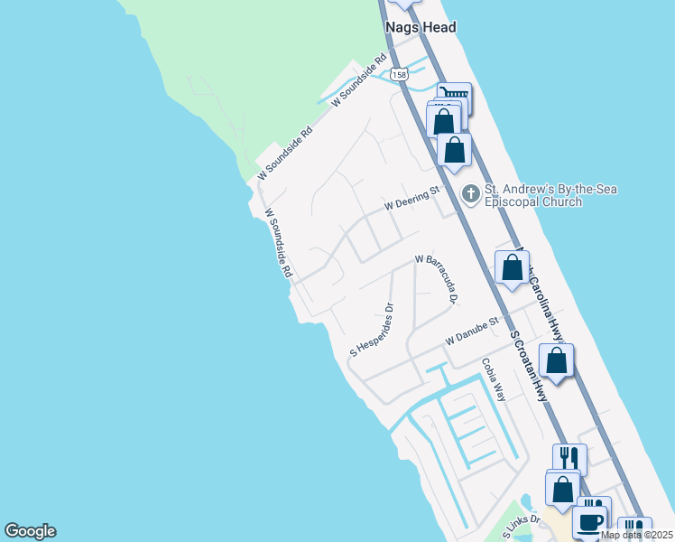 map of restaurants, bars, coffee shops, grocery stores, and more near 4222 West Breeze Way in Nags Head
