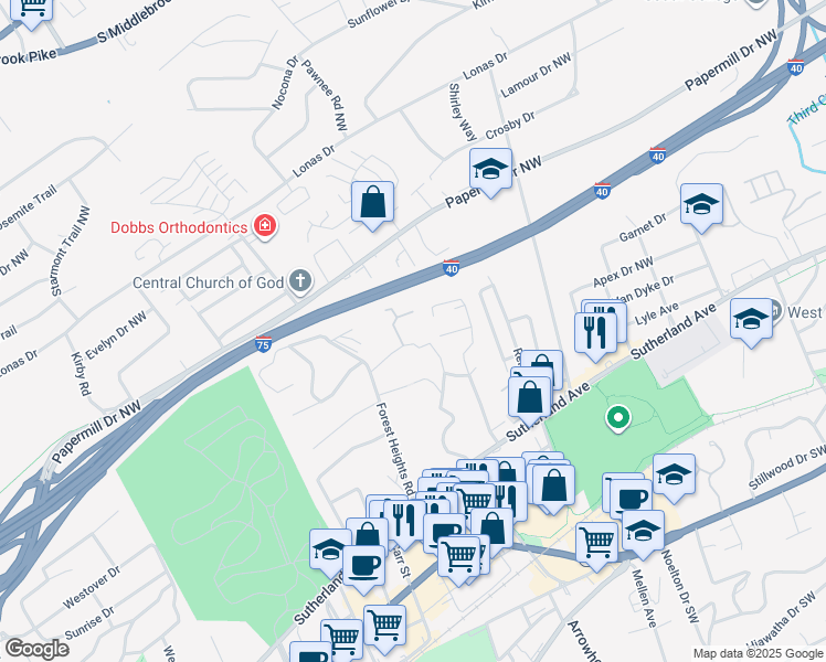 map of restaurants, bars, coffee shops, grocery stores, and more near 4831 East Summit Circle in Knoxville