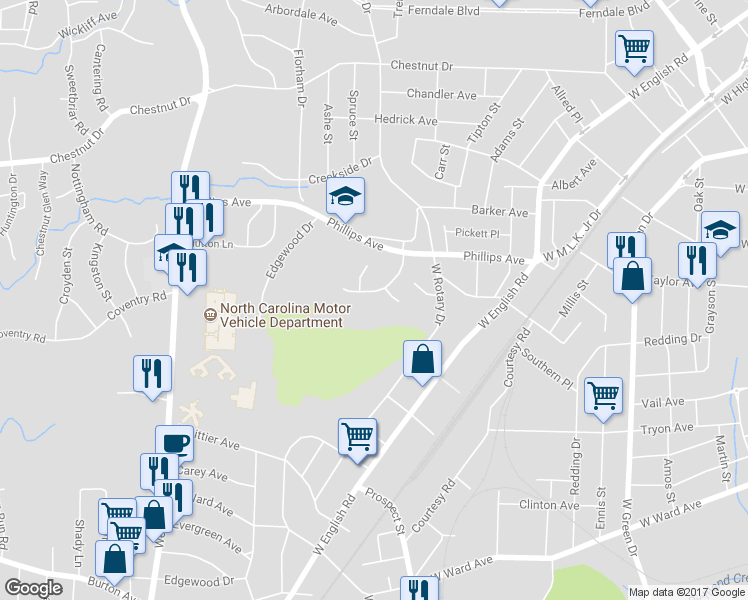 map of restaurants, bars, coffee shops, grocery stores, and more near 617 Williamsburg Terrace in High Point