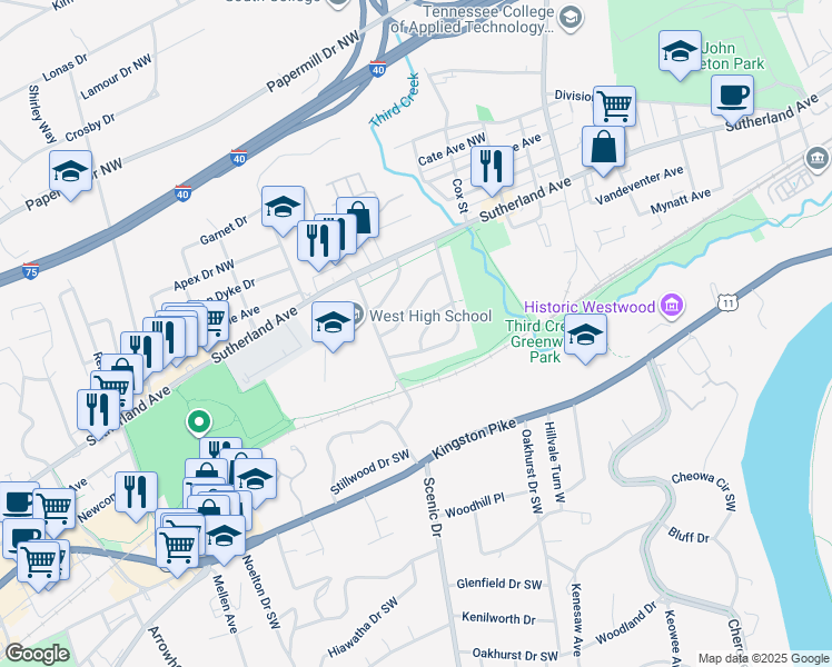 map of restaurants, bars, coffee shops, grocery stores, and more near 3928 West Bellemeade Avenue in Knoxville
