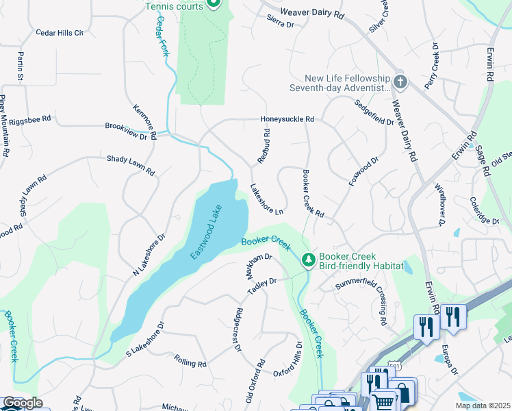 map of restaurants, bars, coffee shops, grocery stores, and more near 423 Lakeshore Lane in Chapel Hill