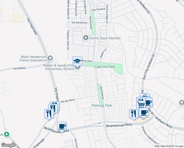 map of restaurants, bars, coffee shops, grocery stores, and more near 2196 Via Zoran in Henderson