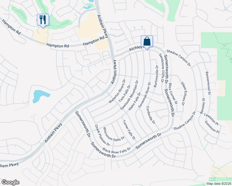 map of restaurants, bars, coffee shops, grocery stores, and more near 2163 Waterton Rivers Drive in Henderson