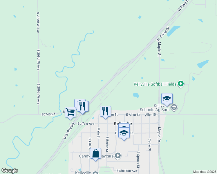 map of restaurants, bars, coffee shops, grocery stores, and more near 20030 U.S. Route 66 in Kellyville