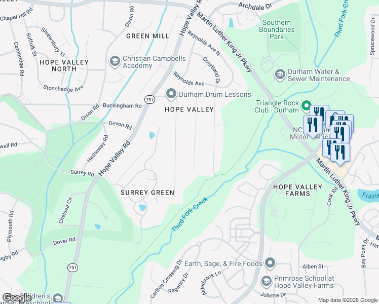map of restaurants, bars, coffee shops, grocery stores, and more near 3626 Manford Drive in Durham