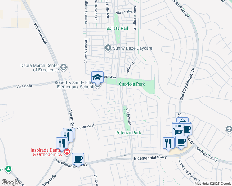 map of restaurants, bars, coffee shops, grocery stores, and more near 2221 Via Firenze in Henderson