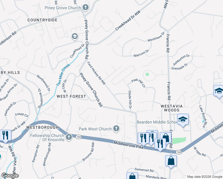 map of restaurants, bars, coffee shops, grocery stores, and more near 1218 Ferd Hickey Road Northwest in Knoxville