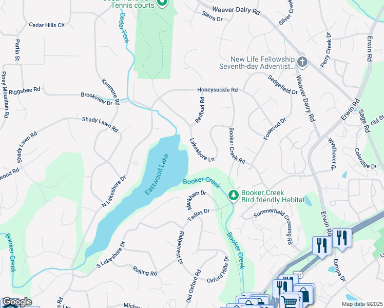 map of restaurants, bars, coffee shops, grocery stores, and more near 423 Lakeshore Lane in Chapel Hill