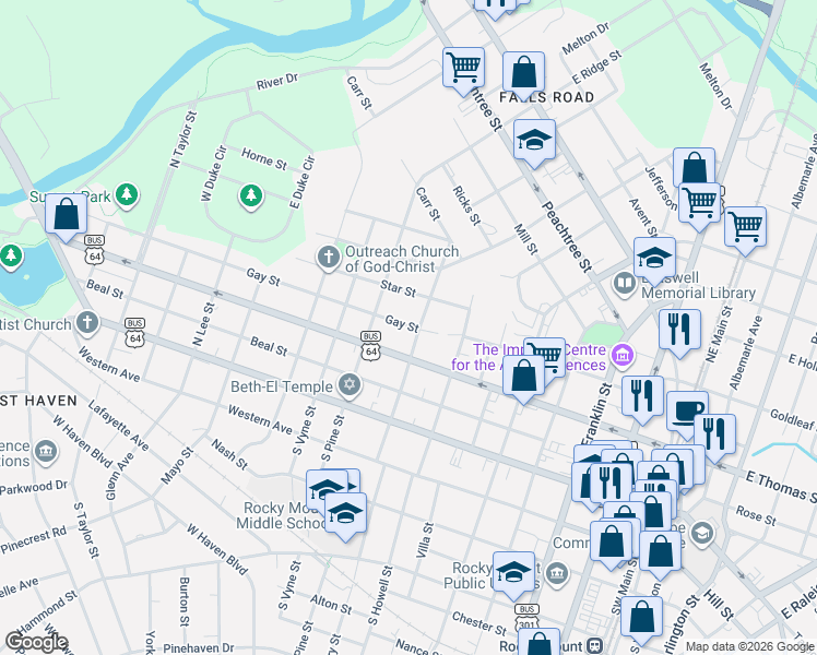 map of restaurants, bars, coffee shops, grocery stores, and more near 800 W Thomas St in Rocky Mt