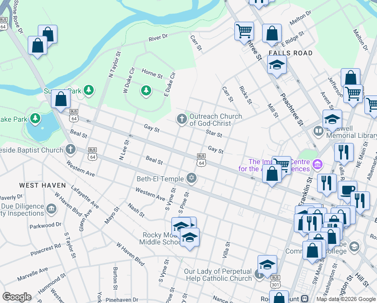 map of restaurants, bars, coffee shops, grocery stores, and more near 214-298 North Vyne Street in Rocky Mount