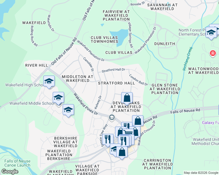 map of restaurants, bars, coffee shops, grocery stores, and more near 12313 Penrose Trail in Raleigh