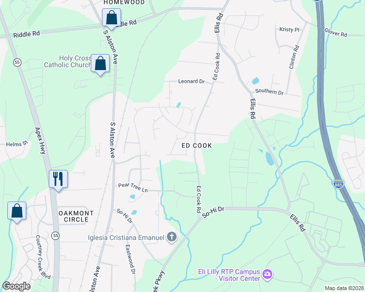 map of restaurants, bars, coffee shops, grocery stores, and more near 102 White Burley Court in Durham