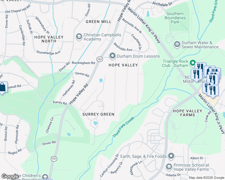 map of restaurants, bars, coffee shops, grocery stores, and more near 3546 Hamstead Court in Durham