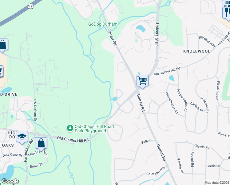 map of restaurants, bars, coffee shops, grocery stores, and more near 94 Grapevine Trail in Durham