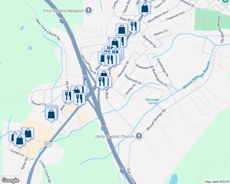 map of restaurants, bars, coffee shops, grocery stores, and more near 222 Heritage Boulevard in Newport