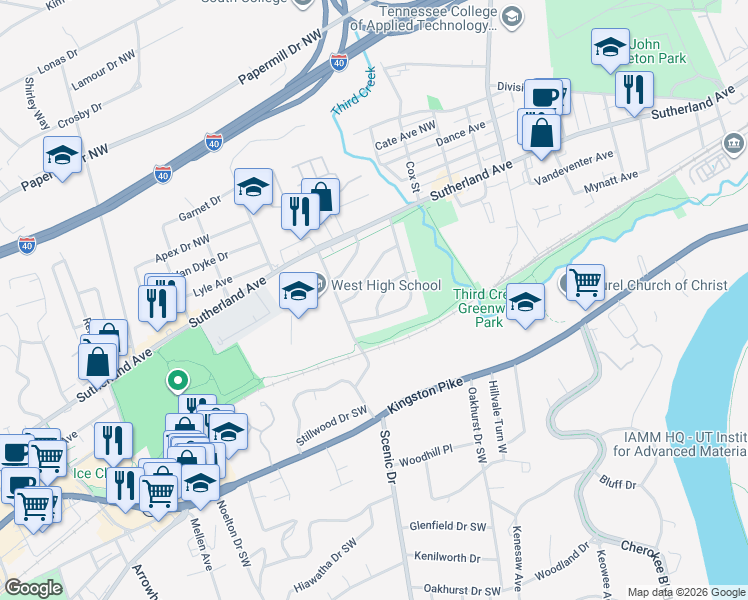map of restaurants, bars, coffee shops, grocery stores, and more near 3928 West Bellemeade Avenue in Knoxville
