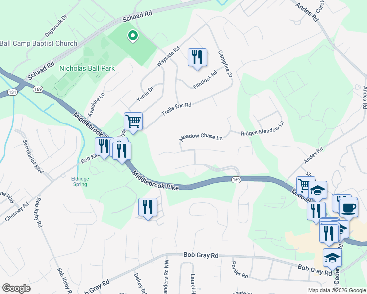 map of restaurants, bars, coffee shops, grocery stores, and more near 9520 Hickory Knoll Lane in Knoxville