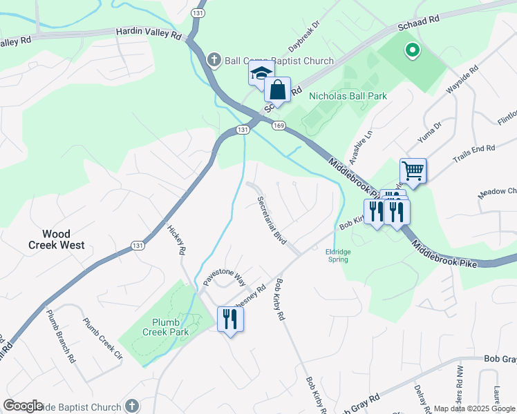 map of restaurants, bars, coffee shops, grocery stores, and more near 1512 Secretariat Boulevard in Knoxville