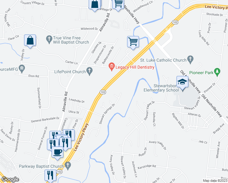 map of restaurants, bars, coffee shops, grocery stores, and more near 406 Sugarwood Street in Smyrna