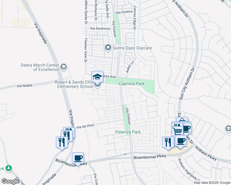 map of restaurants, bars, coffee shops, grocery stores, and more near 2196 Via Zoran in Henderson