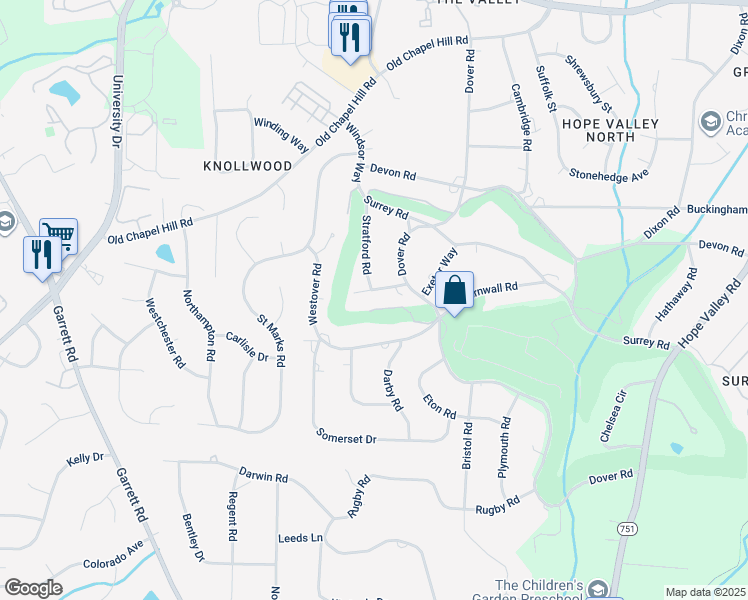map of restaurants, bars, coffee shops, grocery stores, and more near 3309 Avon Road in Durham