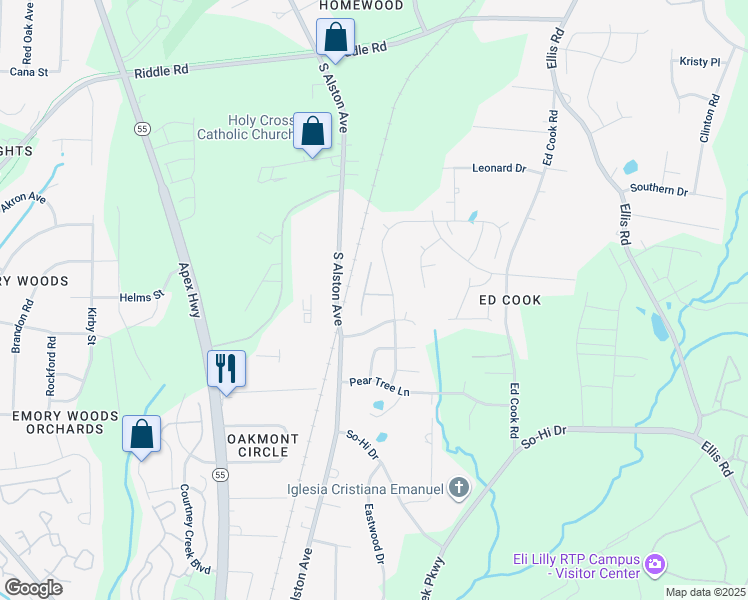 map of restaurants, bars, coffee shops, grocery stores, and more near 23 Moss Grove Lane in Durham
