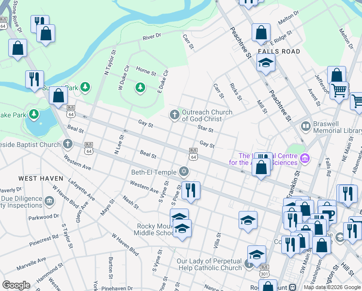 map of restaurants, bars, coffee shops, grocery stores, and more near 214-298 North Vyne Street in Rocky Mount