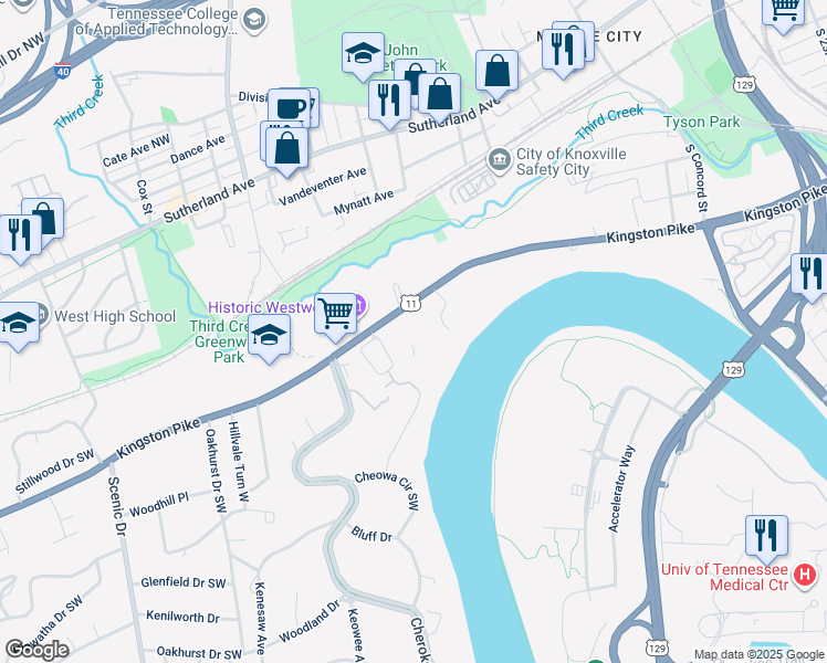 map of restaurants, bars, coffee shops, grocery stores, and more near 3340 Kingston Pike in Knoxville