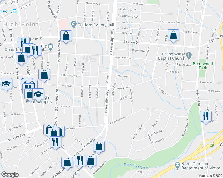 map of restaurants, bars, coffee shops, grocery stores, and more near 1000 Richland Street in High Point