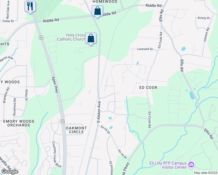 map of restaurants, bars, coffee shops, grocery stores, and more near 23 Moss Grove Lane in Durham