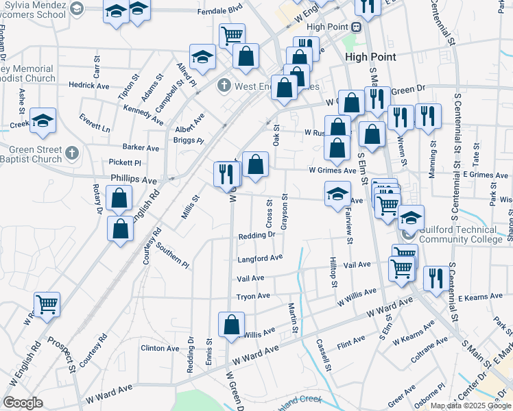 map of restaurants, bars, coffee shops, grocery stores, and more near 514 Amos Street in High Point