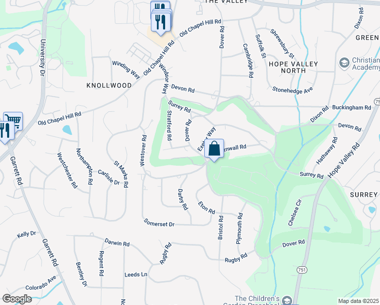 map of restaurants, bars, coffee shops, grocery stores, and more near 3232 Westover Road in Durham