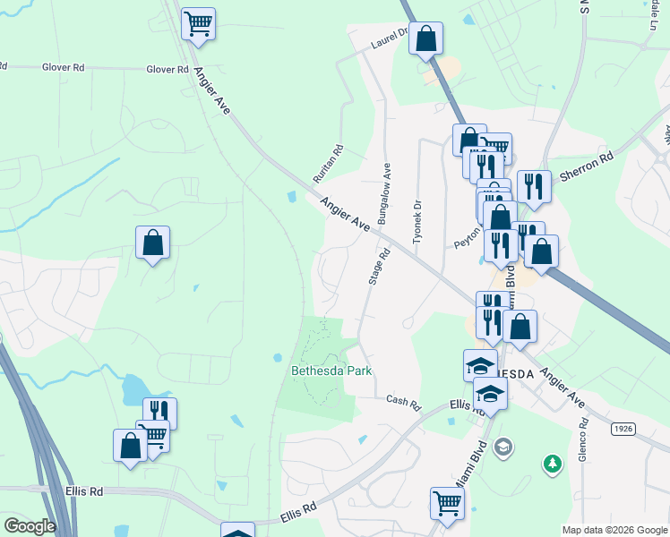 map of restaurants, bars, coffee shops, grocery stores, and more near 4019 Passenger Place in Durham