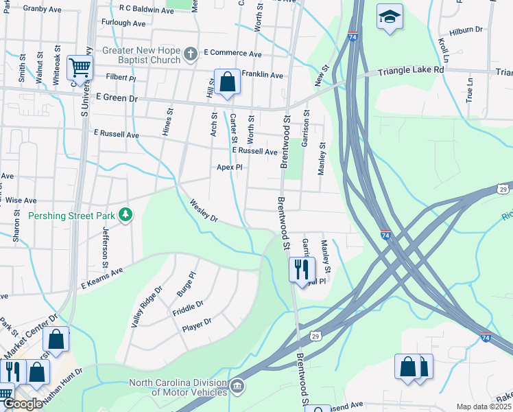 map of restaurants, bars, coffee shops, grocery stores, and more near 2107 Friends Avenue in High Point