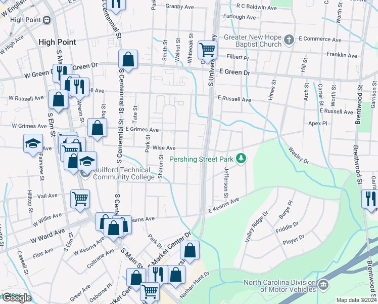 map of restaurants, bars, coffee shops, grocery stores, and more near 1003 Asheboro Street in High Point