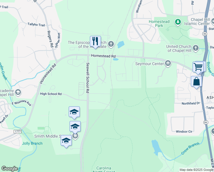map of restaurants, bars, coffee shops, grocery stores, and more near 304 Chesapeake Way in Chapel Hill