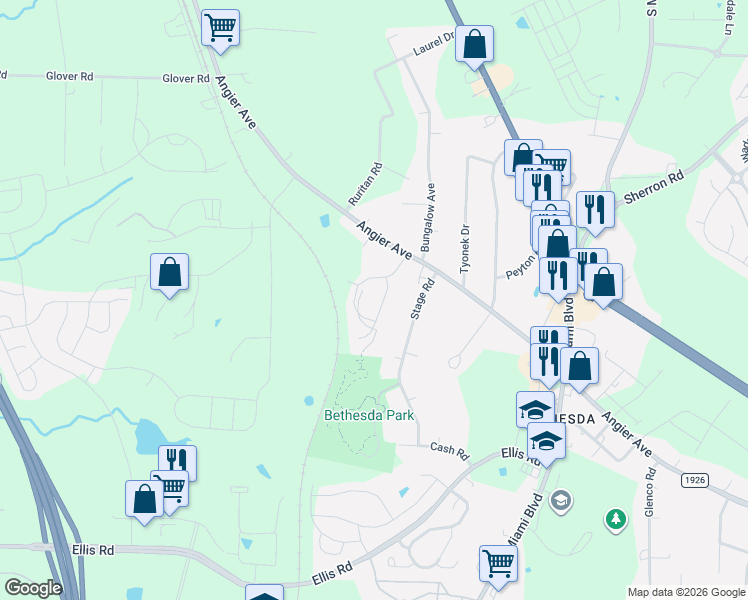 map of restaurants, bars, coffee shops, grocery stores, and more near 4019 Passenger Place in Durham