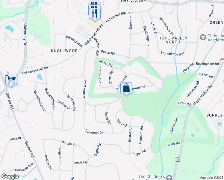 map of restaurants, bars, coffee shops, grocery stores, and more near 3232 Westover Road in Durham