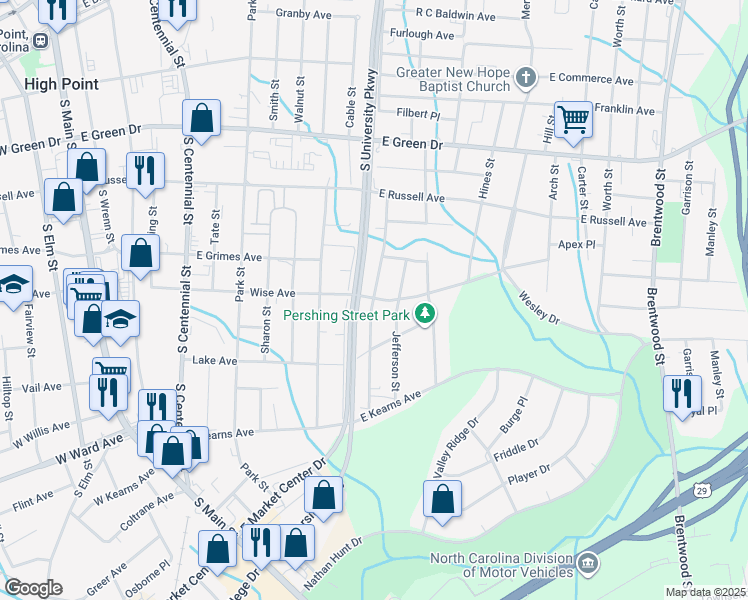 map of restaurants, bars, coffee shops, grocery stores, and more near 1015 Richland Street in High Point