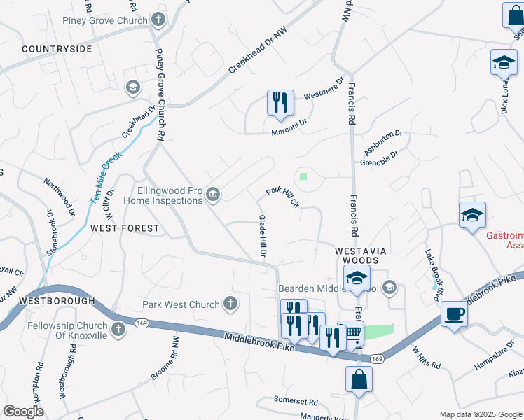 map of restaurants, bars, coffee shops, grocery stores, and more near 1143 Glade Hill Drive in Knoxville